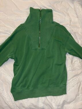 aerie Forest Green Ribbed Funnel-Neck Half-Zip Sweater